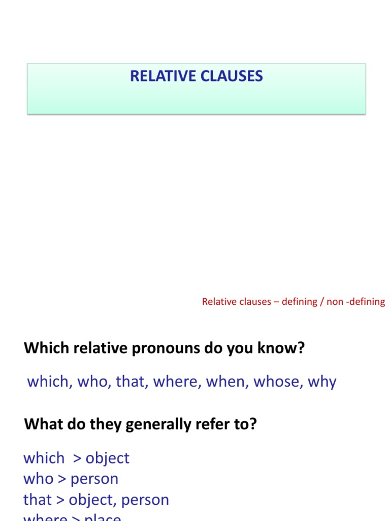 Relative Clauses Revision PDF Clause Object (Grammar)