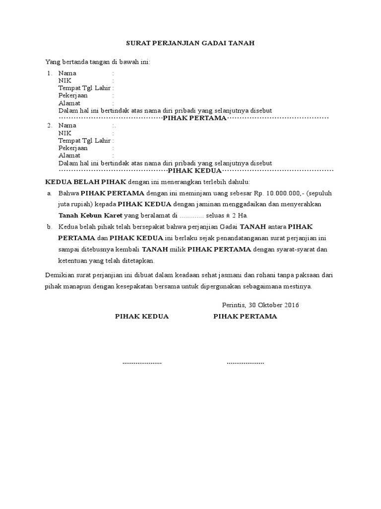 Surat Perjanjian Gadai Tanah