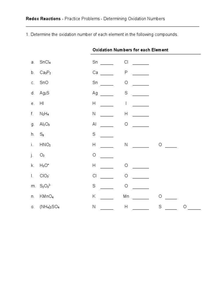 Oxidation Number Worksheet Pdf With Answers