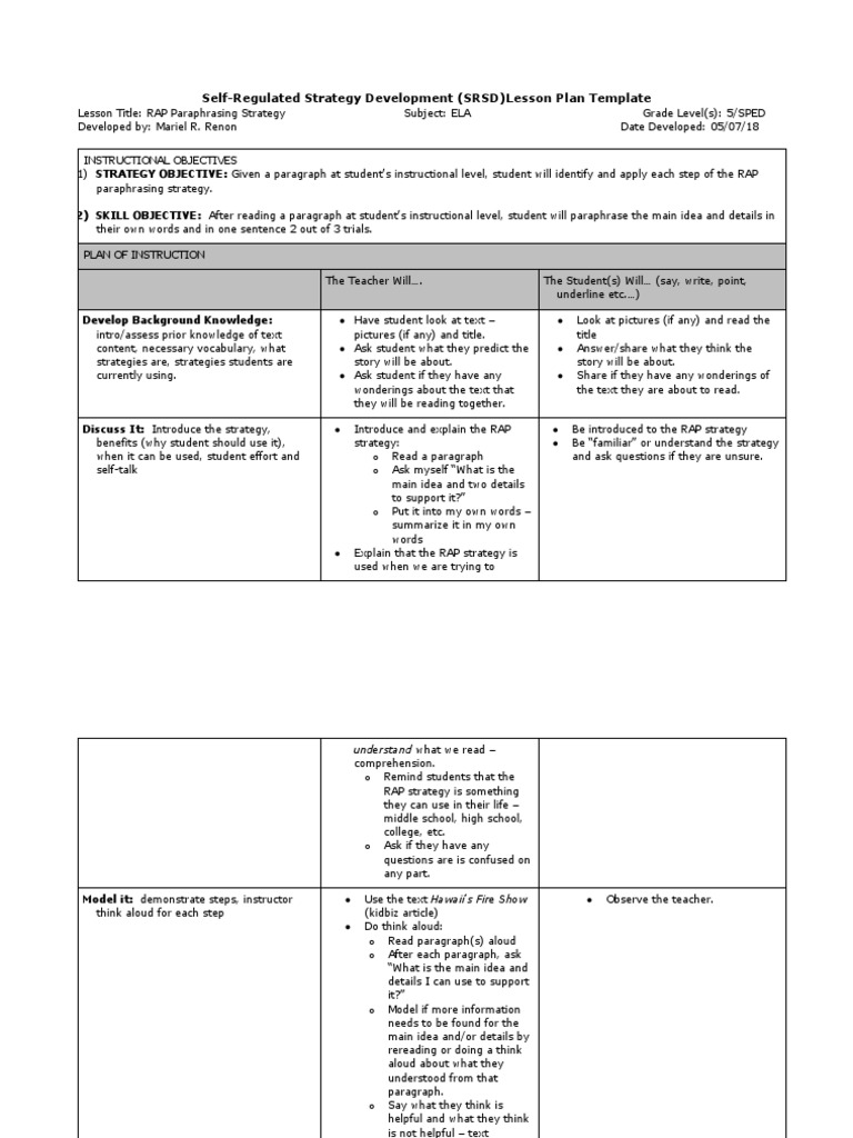 SRSD Lesson Plan: RAP & Word Attack Strategies | PDF | Education Theory ...