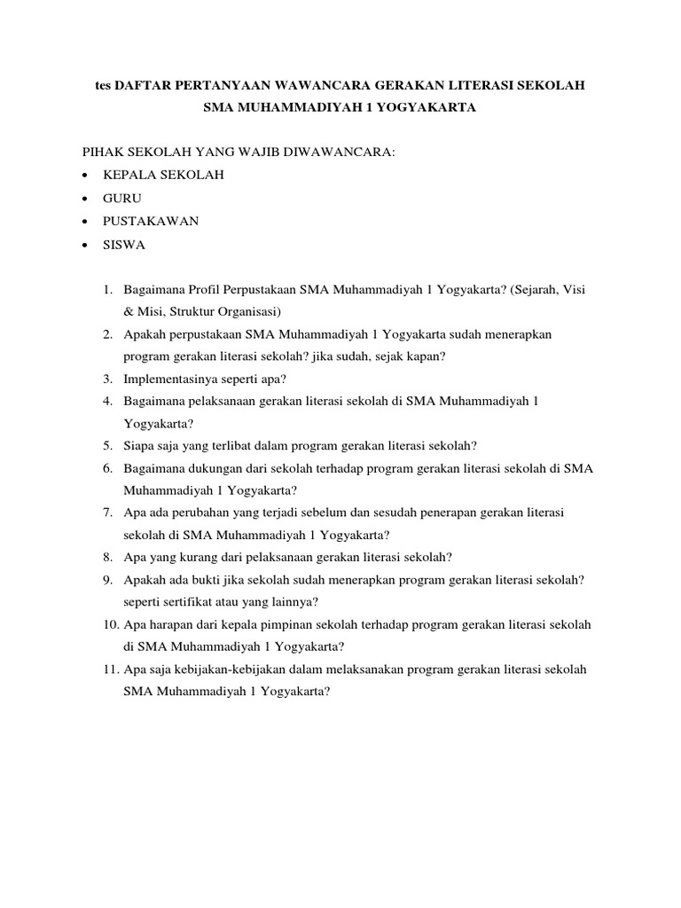 Daftar Pertanyaan Wawancara Gerakan Literasi Sekolah