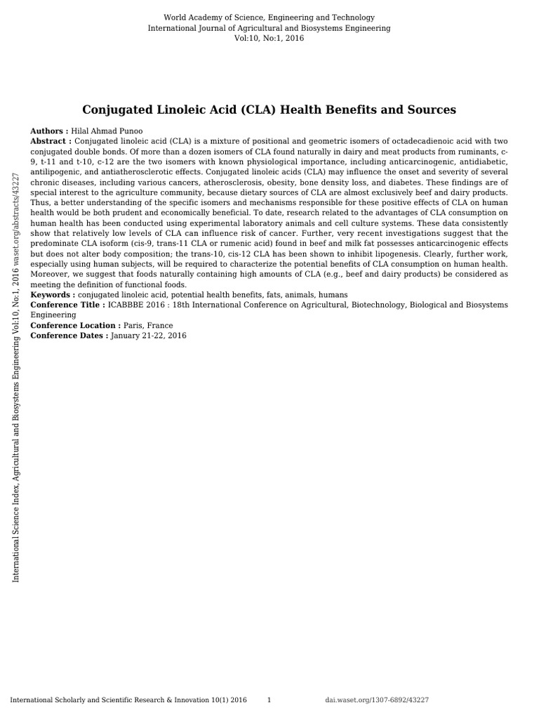 Conjugated Linoleic Acid (CLA) Health Benefits and Sources PDF