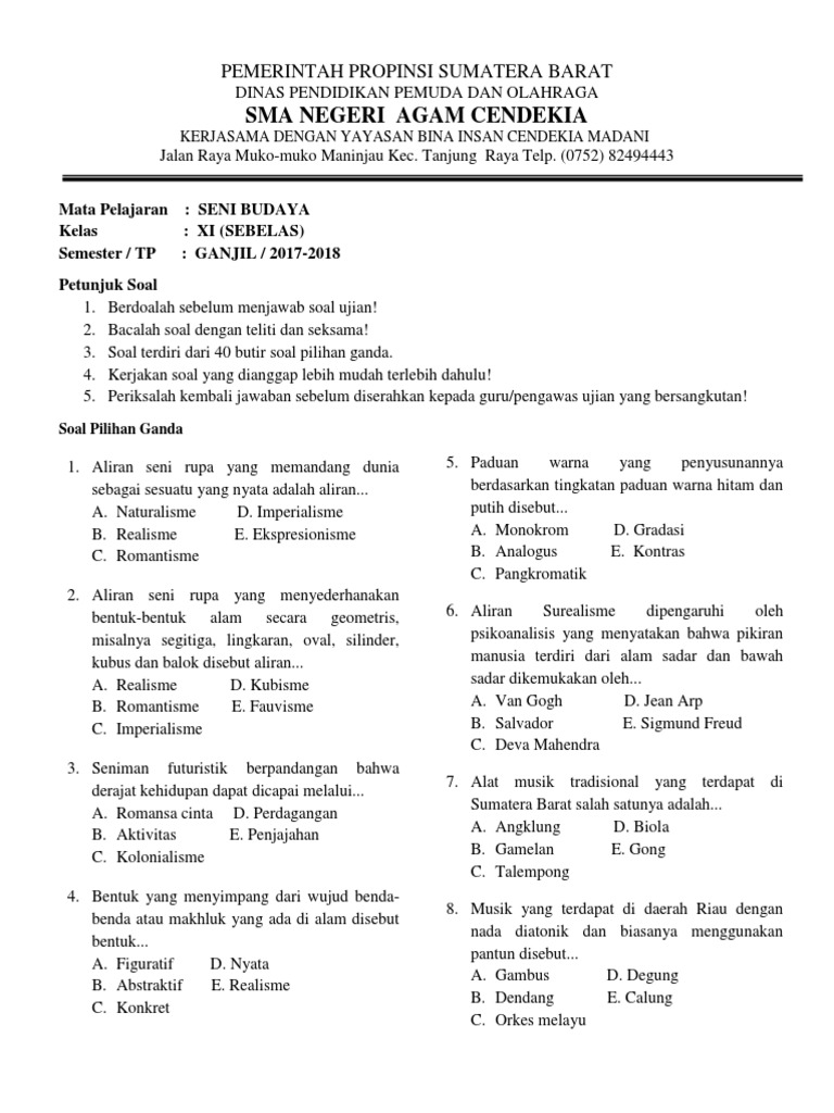 Soal Kelas Xi Seni Budaya