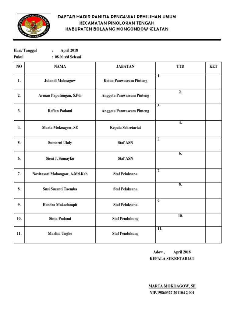 Daftar Hadir Panitia Pemilihan Umum | PDF