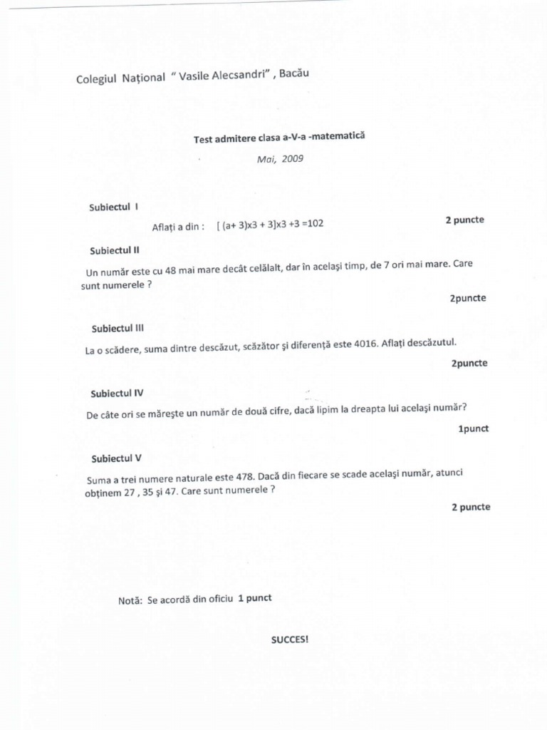 Subiecte Matematica - Clasa A V A PDF | PDF