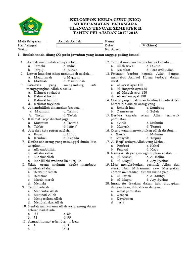 Soal Akidah Akhlak Kelas 6 Semester 2 Bagikan Kelas