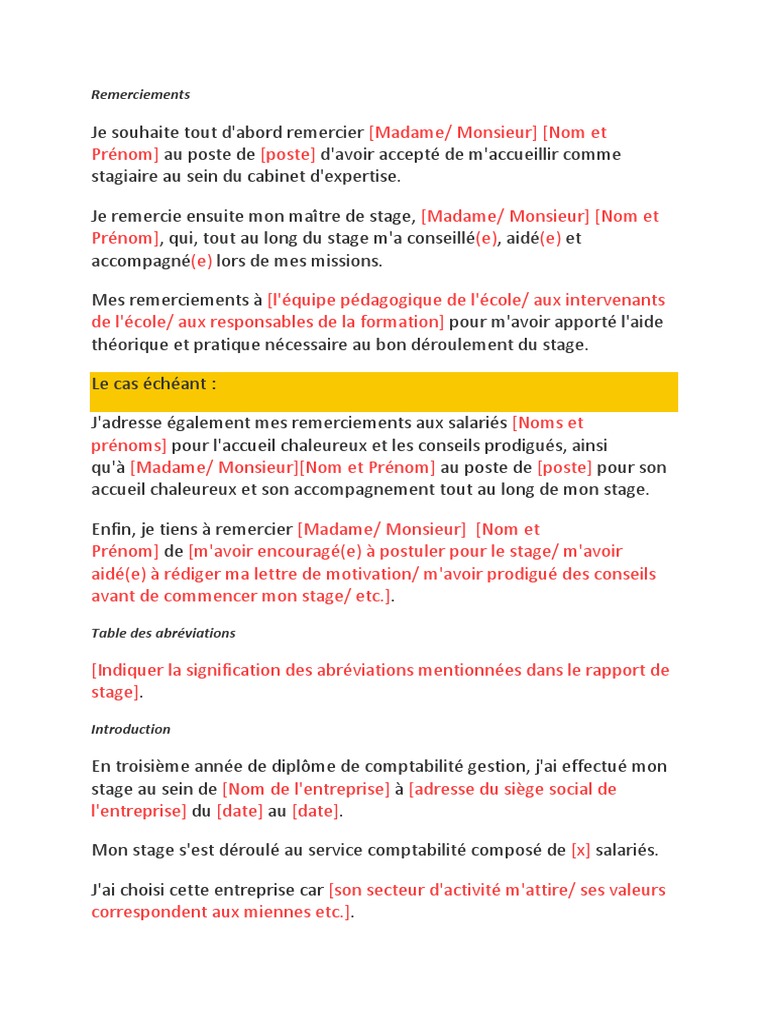 Lettre De Remerciements Rapport De Stage Remerciements RAPPORT DE STAGE | PDF | Comptabilité | Business