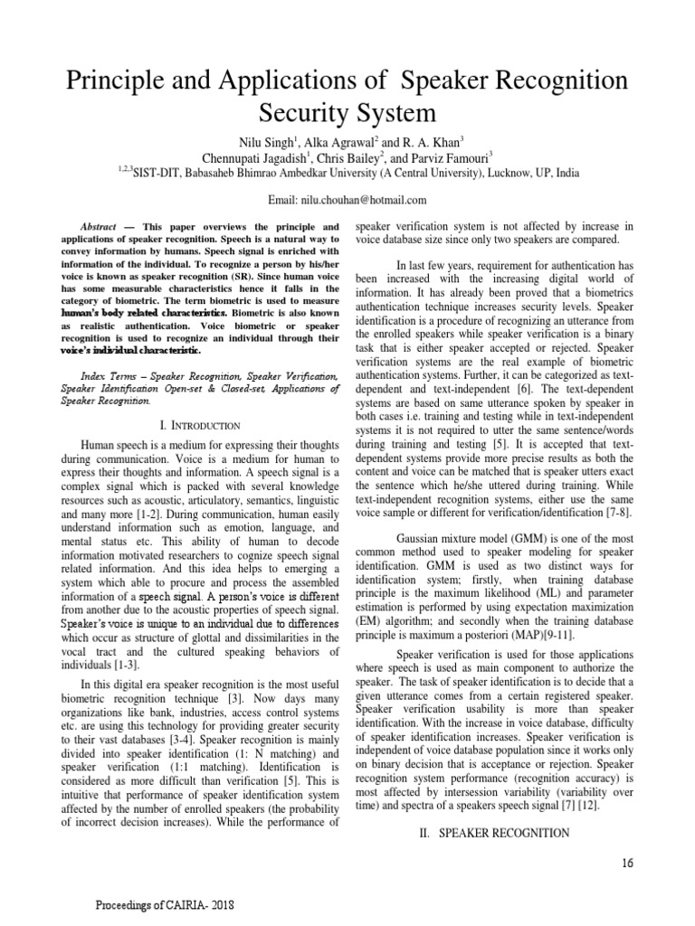 Speaker Recognition in Security Systems | PDF | Biometrics | Authentication