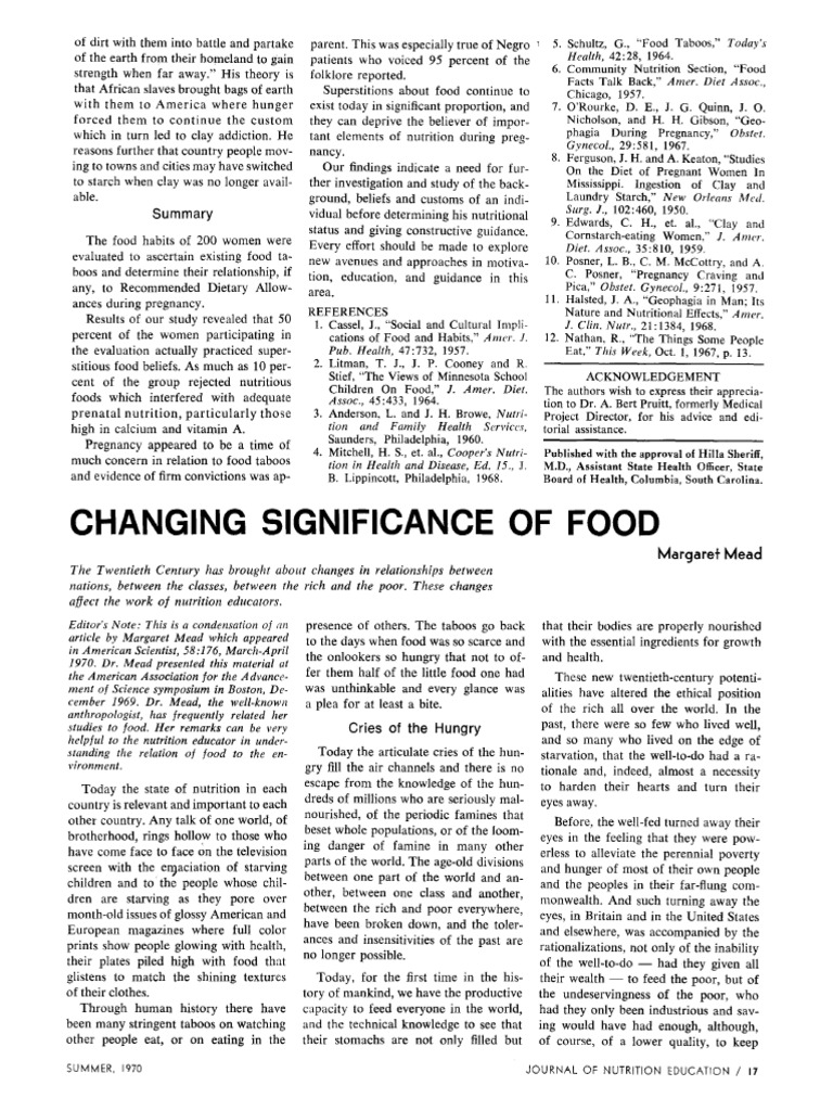 Changing Significance of Food Margaret Mead PDF Foods Poverty