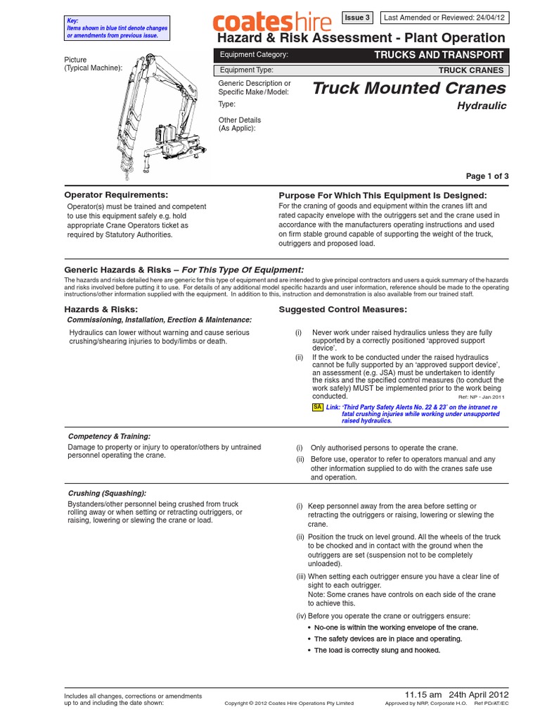 Truck Mounted Cranes Hazard & Risk Assessment Plant Operation