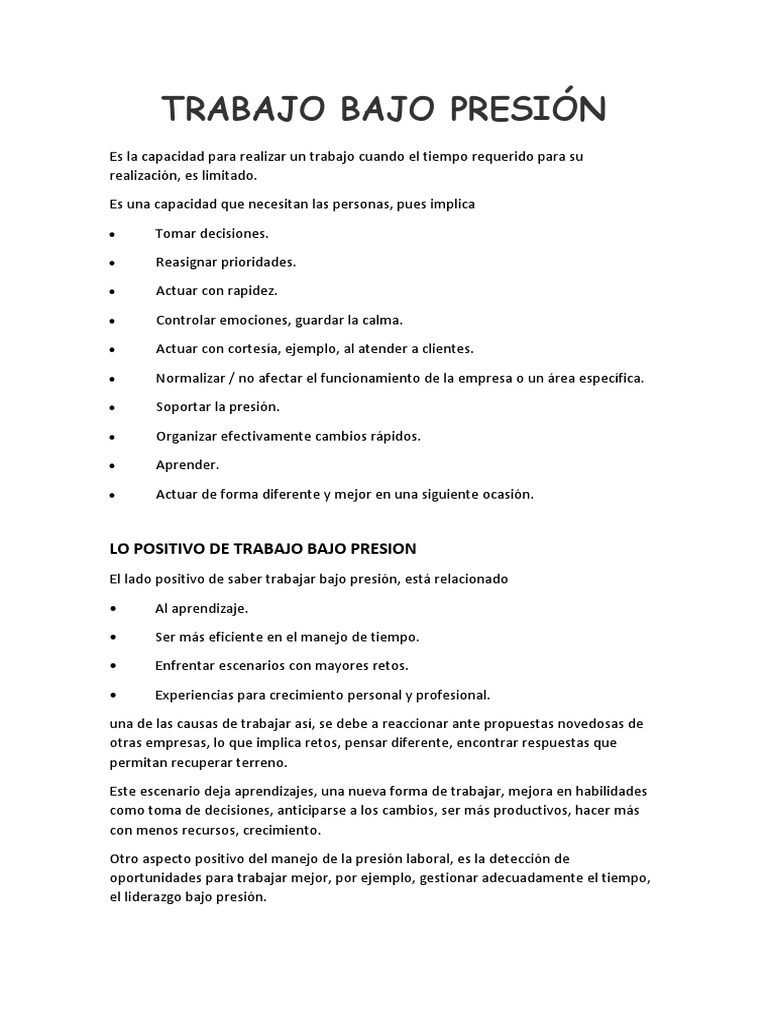 Trabajo Bajo Presión PDF Toma de decisiones Aprendizaje