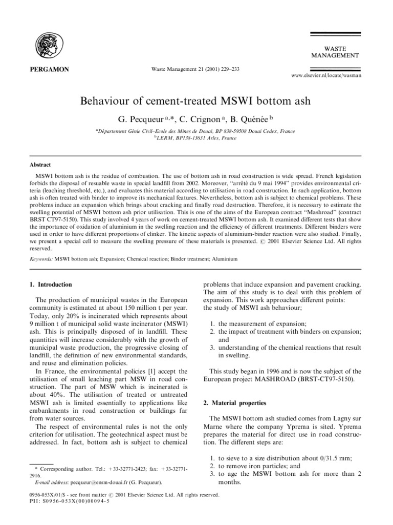 Behaviour of Cement-Treated MSWI Bottom Ash | PDF | Cement | Incineration