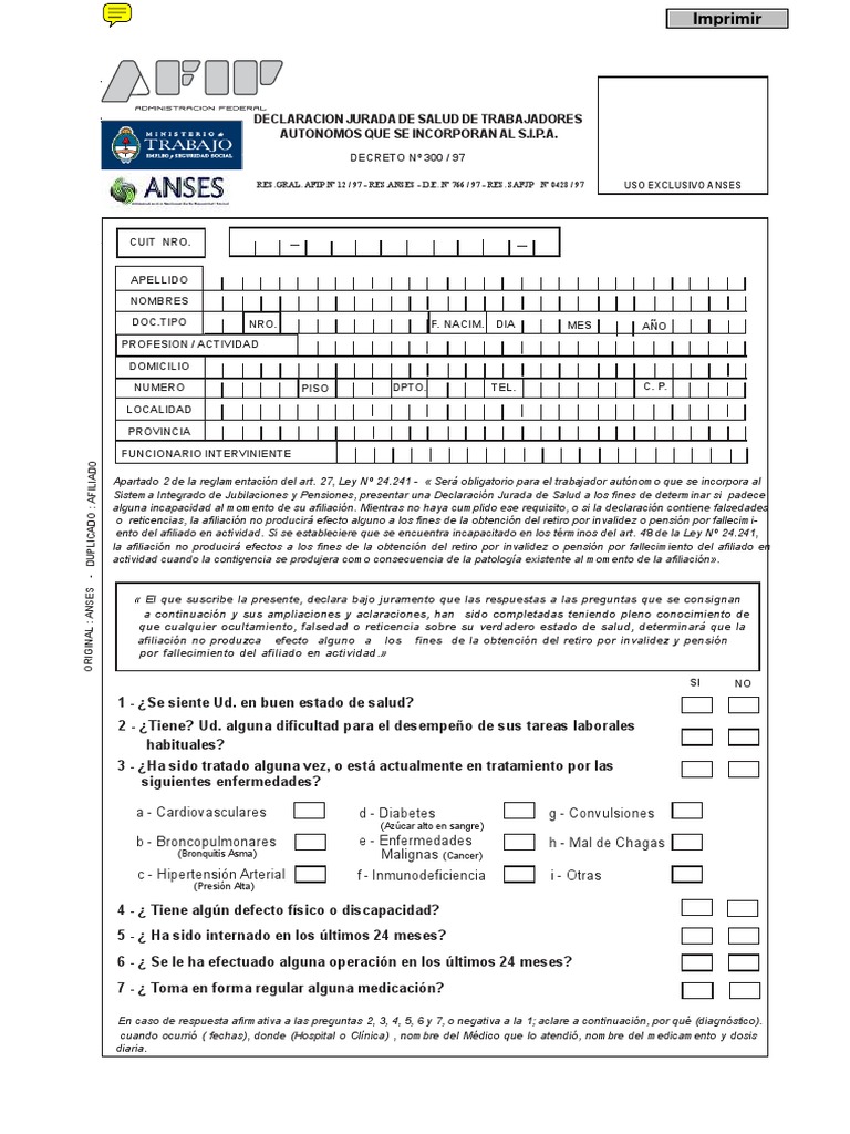 Declaración Jurada de Salud ANSES | PDF | Pensión | Rtt