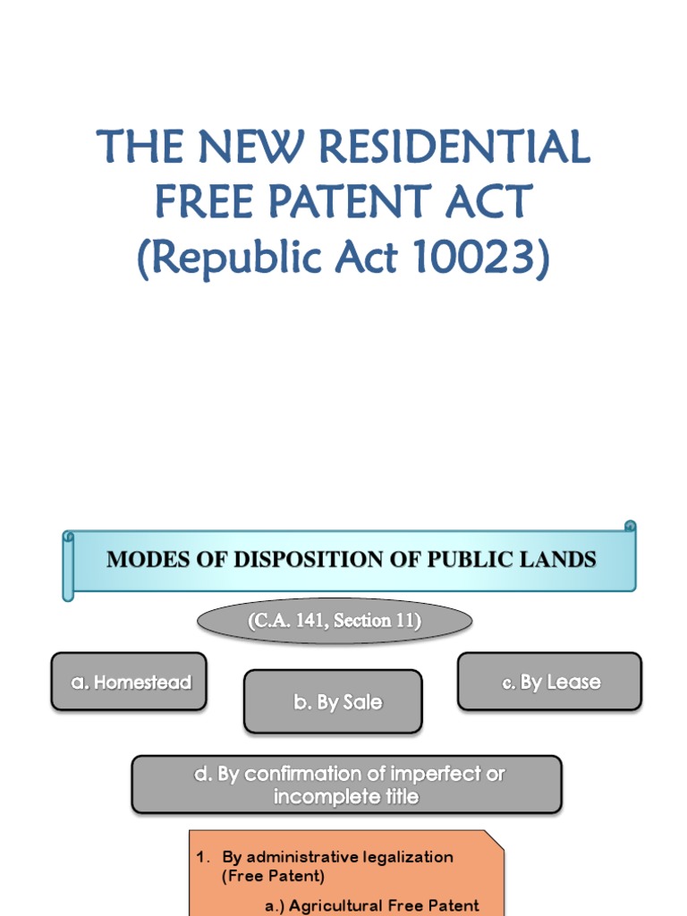 The New Residential Free Patent Act (Republic Act 10023) PDF Patent