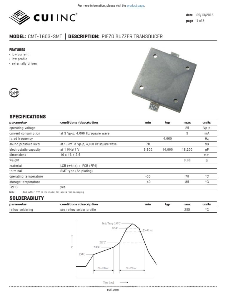 Cmt-1603-Smt Datasheet - Piezo Buzzer Transducer - Cui Inc | PDF ...