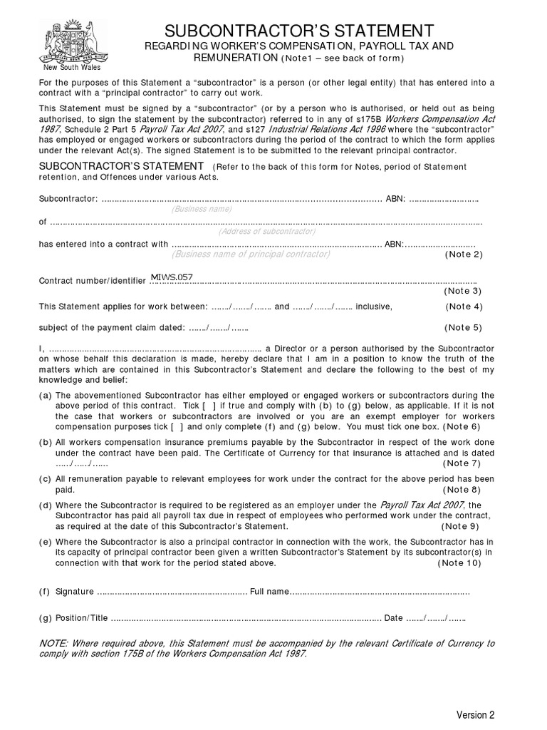 NSW Subcontractor's Statement Form | PDF | Independent Contractor ...