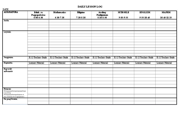 Daily Lesson Log For All Subjects | PDF