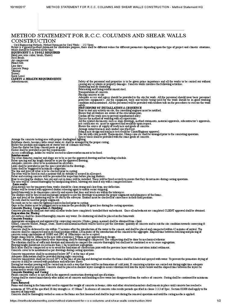 Method Statement for RCC Columns | PDF | Concrete | Economic Sectors