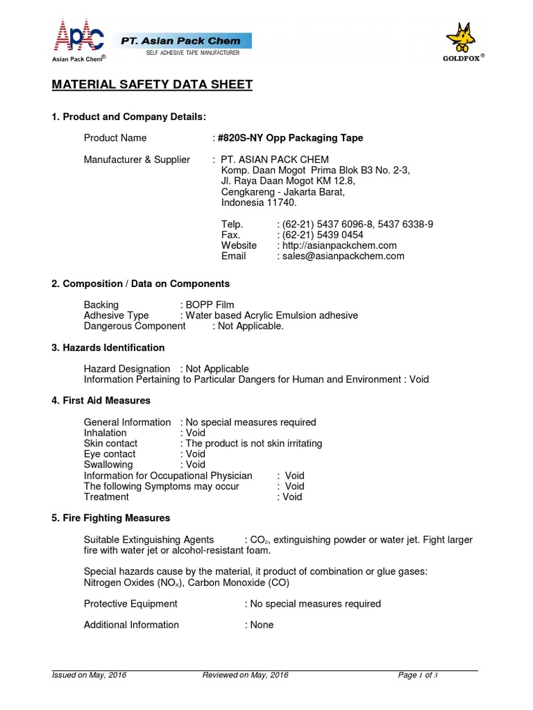 MSDS 820SNY Opp Packaging Tape PDF PDF Explosive Material Water