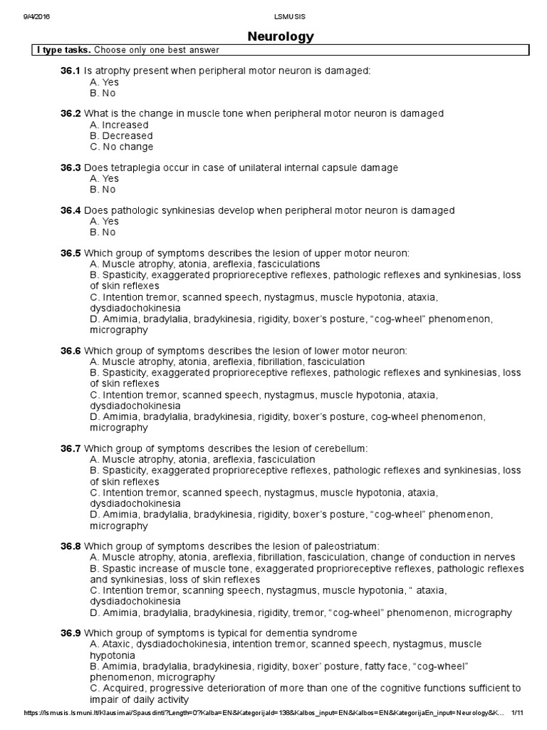 Neurology I Type Tasks. Choose Only One Best Answer PDF Headache