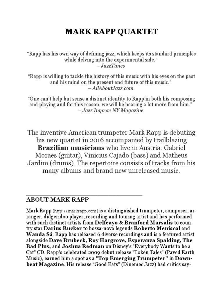 Mark Rapp Quartet: Jazz Innovation | PDF | Jazz | American Popular Music