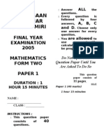 Unit Peperiksaan SMK Luar Bandar Miri: Final Year Examination 2005 Mathematics Form Two Paper 1