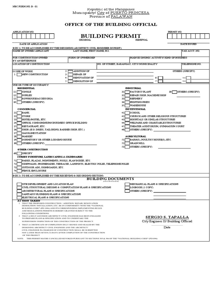 NBC Building Permit Application Form B-01 | PDF | Specification ...