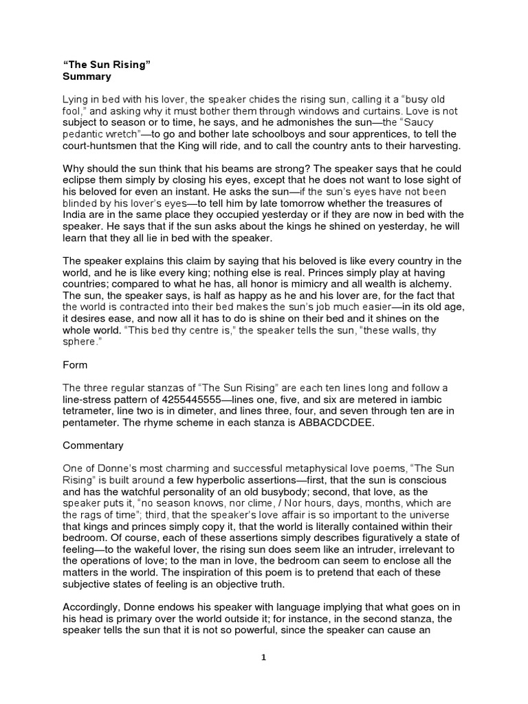 The Sun Rising_summary_sparknotes Poetry