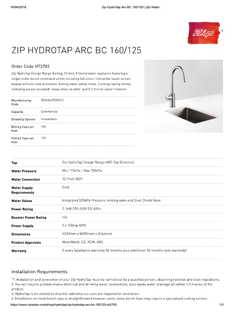 Zip HydroTap Arc BC 160125 Zip Water | PDF