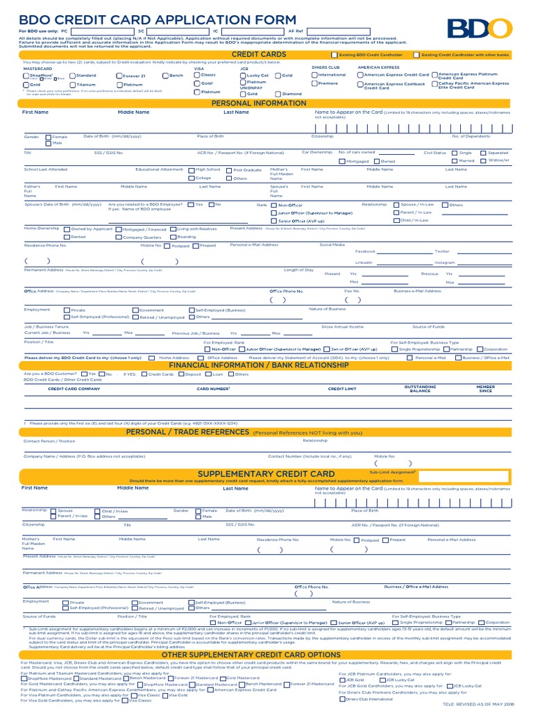 BDO Credit Card Application Form PDF American Express Credit Card