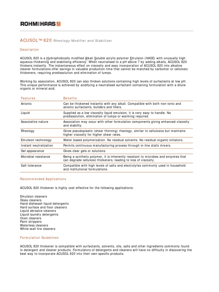 Acusol 820 | PDF | Surfactant | Viscosity