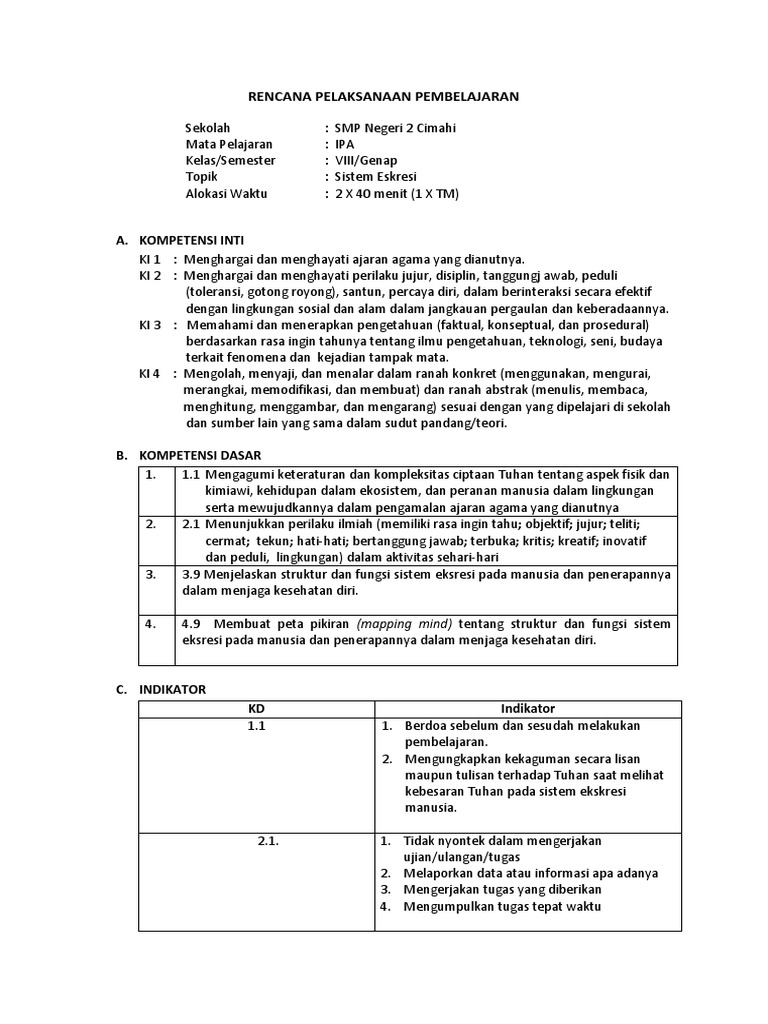 Rpp Sistem Ekskresi Kelas 8 Kurikulum 2013 Bagikan Kelas