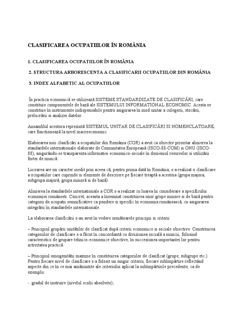 Cor CLASIFICAREA OCUPATIILOR IN ROMANIA | PDF