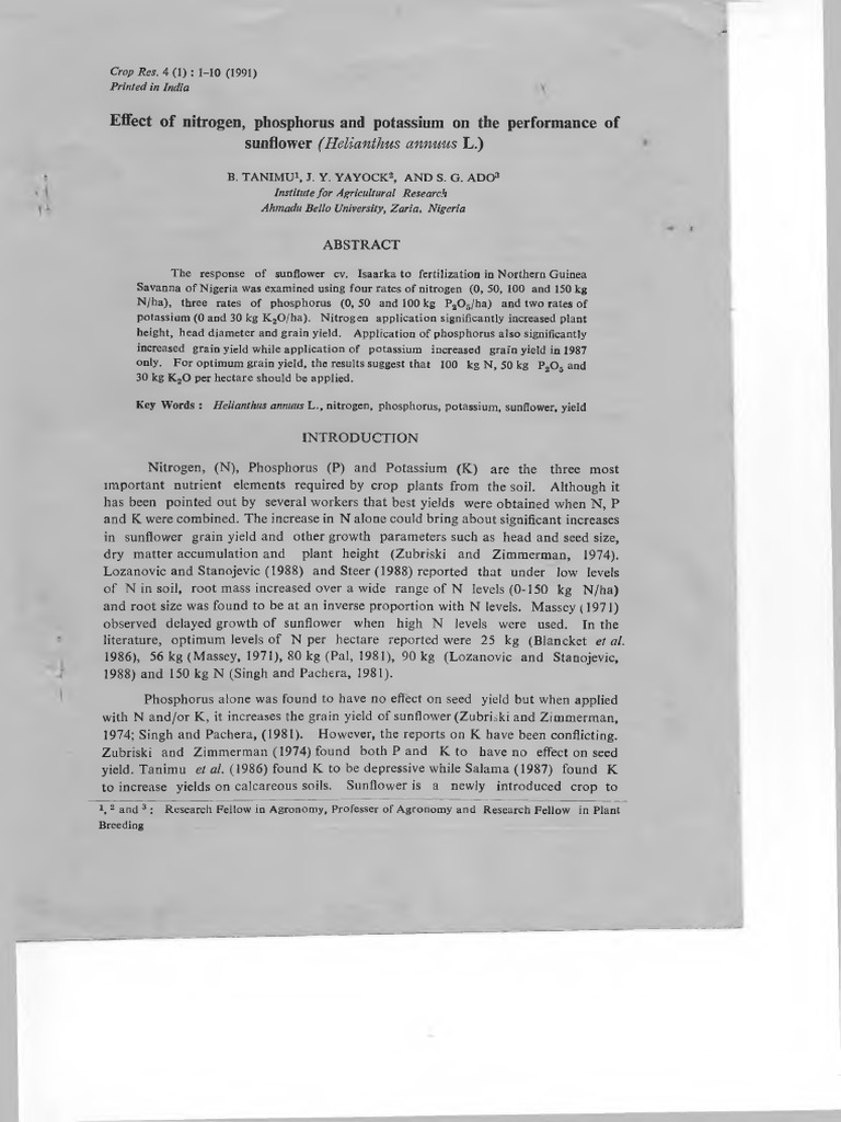 Effect of Nitrogen, Phosphorus and Potassium On The Performance of ...