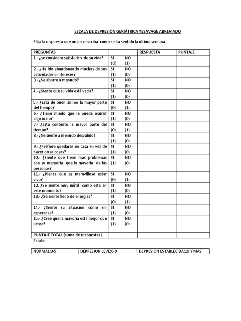 Escala de Depresión Geriátrica Yesavage Abreviado PDF