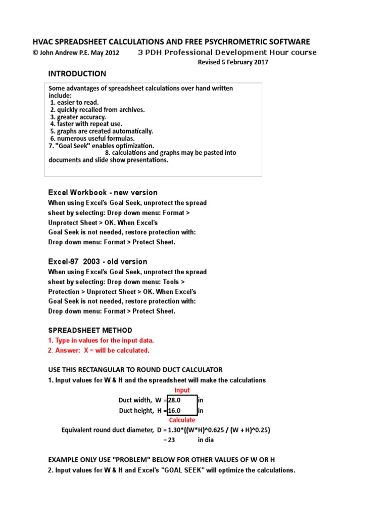 Hvac Spreadsheet Calculations and Free Psychrometric Software | PDF ...