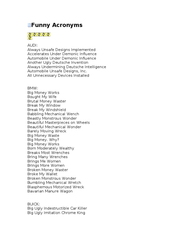 Funny Acronyms PDF Car Electric Vehicle Manufacturers