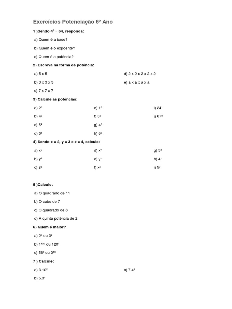 Exercícios Potenciação 6º Ano