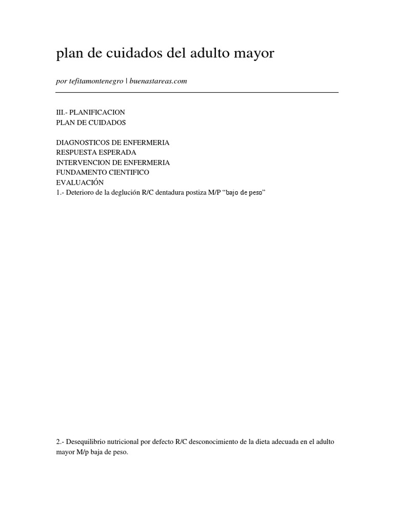 Plan de Cuidados para Adultos Mayores | PDF | Dieta | Alimentos