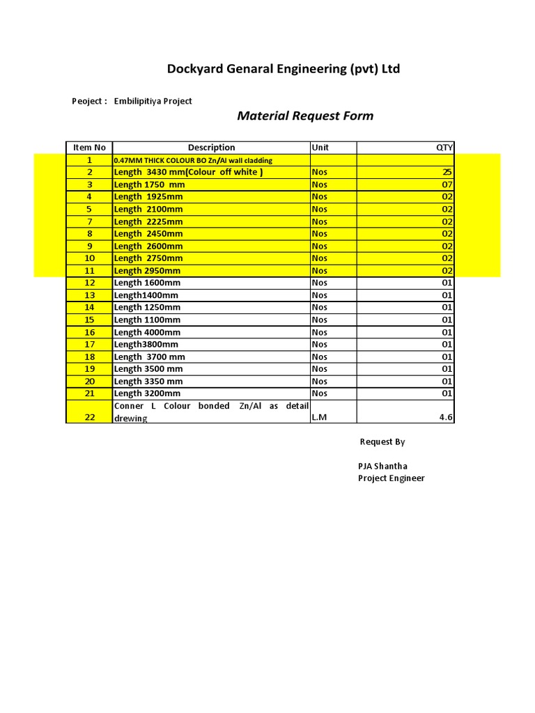 Material Request for Embilipitiya Project | PDF