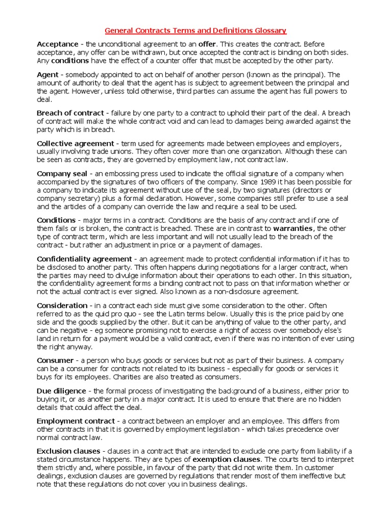 General Contracts Terms and Definitions Glossary Contractual Term