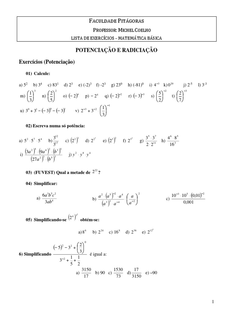 Exercícios de Potenciação e Radiciação | PDF | Matemática elementar ...