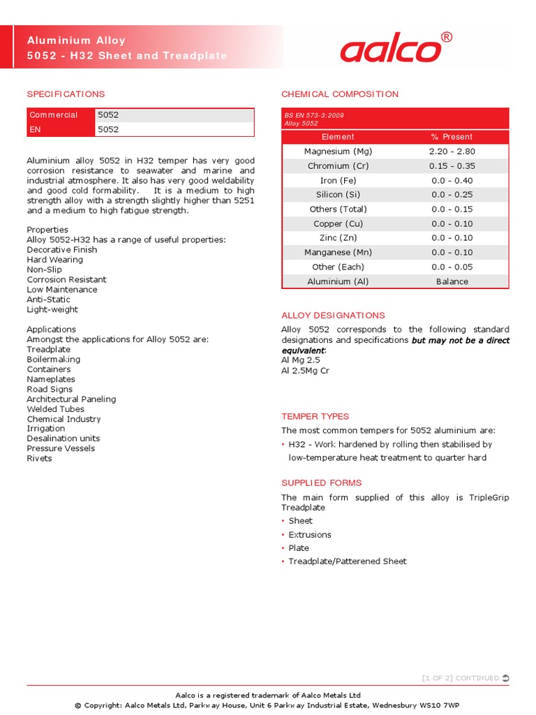 Aalco Metals LTD Aluminium Alloy 5052 H32 Sheet and Treadplate 138 PDF Alloy Aluminium