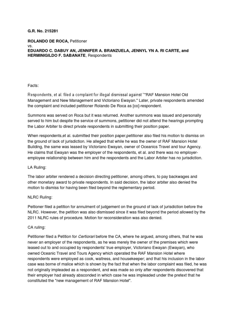 De Roca Vs Dabuy An Employment ContractMabang PDF Complaint Lease
