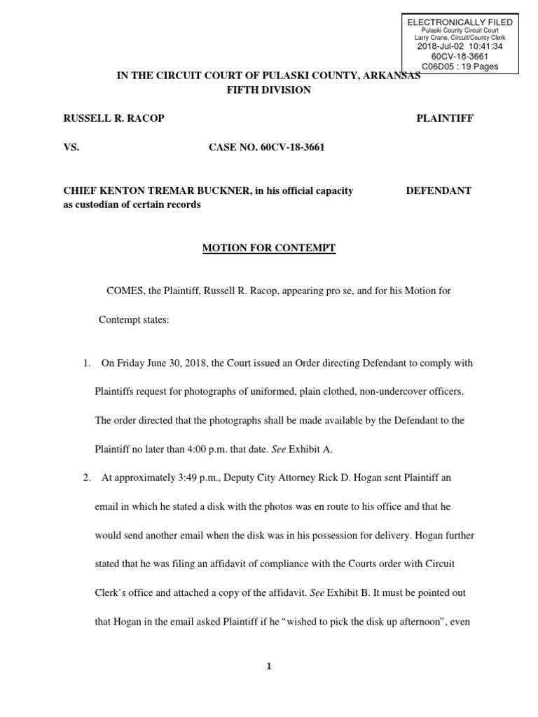 Racop V Buckner Motion For Contempt With Exhibits PDF Wisconsin