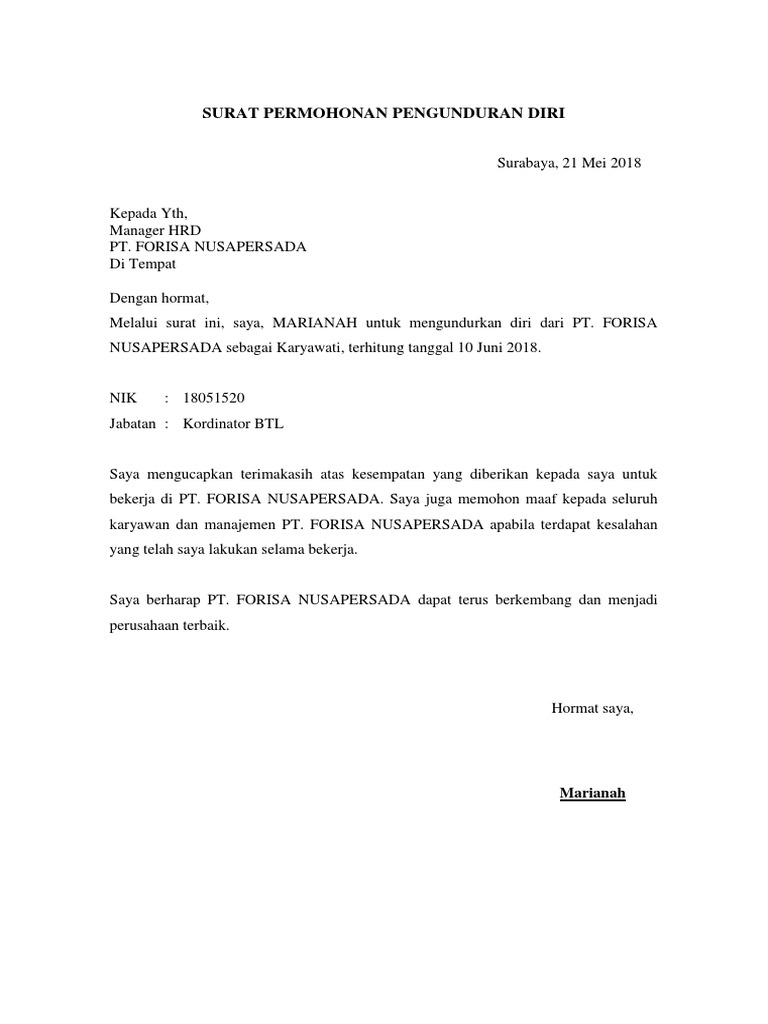 Surat Permohonan Pengunduran Diri