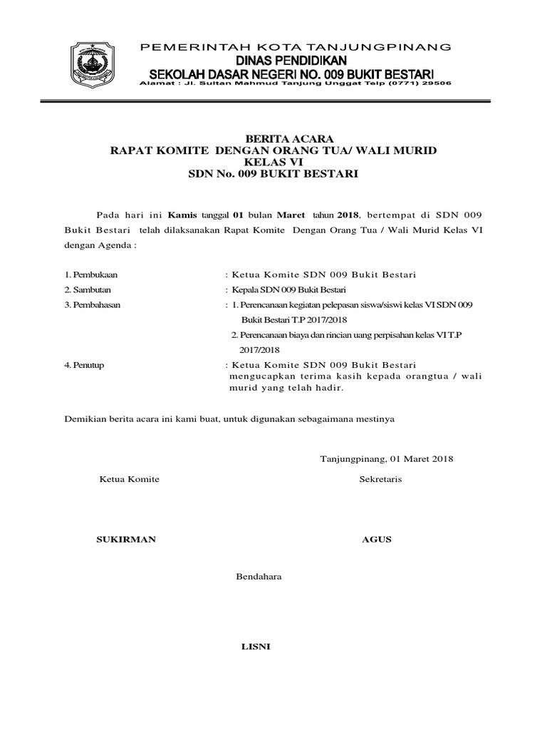 Contoh Berita Acara Rapat Komite Sekolah Dengan Orang Tua - Format Soal