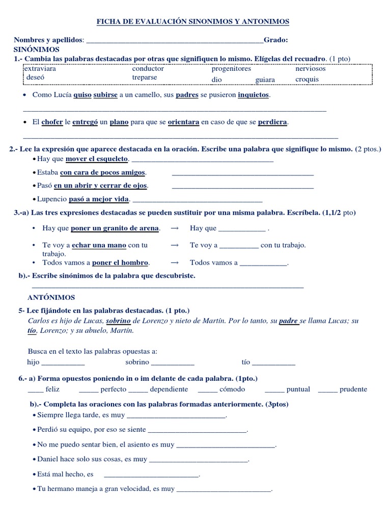 Ficha De Evaluacion Sinonimos Y Antonimos 02 De Julio Docx