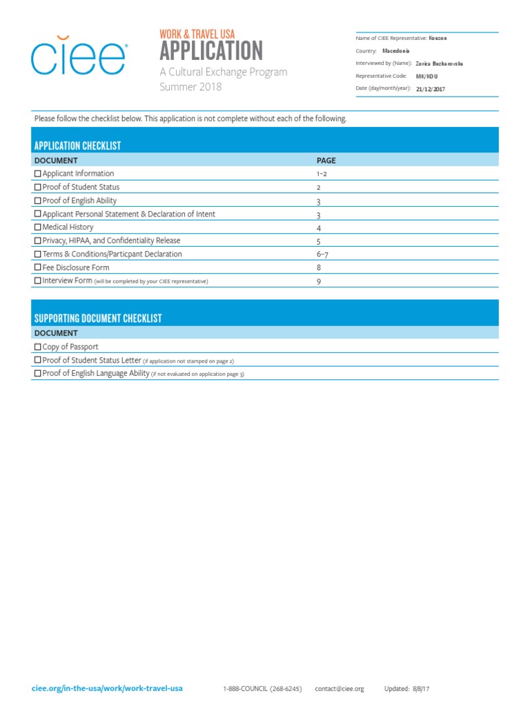 Ciee Application 2018 Pdf Travel Visa Employment