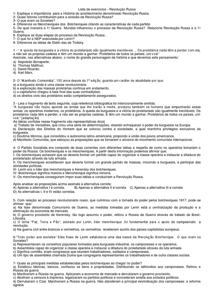 Exercícios sobre a Revolução Russa | PDF | Vladimir Lenin | Império Russo